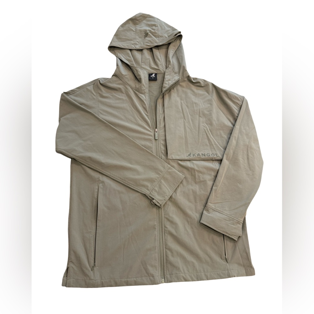 Kangol Men’s XL Lightweight Hooded Jacket Olive Green Nylon Stretch Full Zip